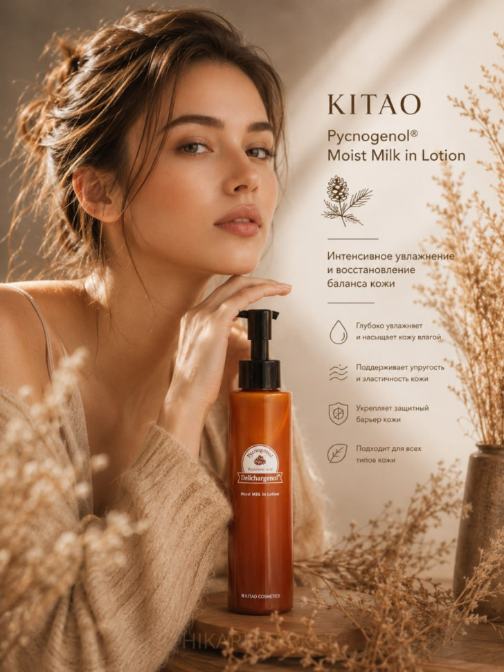 KITAO Pycnogenol Moist Milk in Lotion/Лосьон-молочко для лица с пикногенолом, 4 видами гиалуроновой кислоты, 3 видами коллагена, 3 видами керамидов, 18 аминокислотами и растительными экстрактами 150 мл