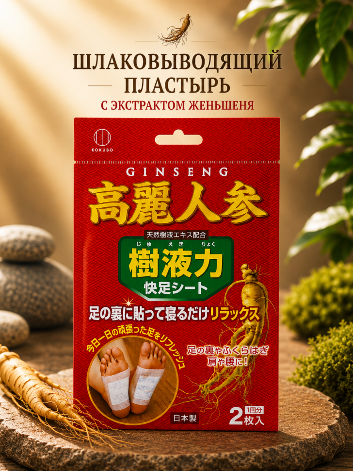 KOKUBO Шлаковыводящий пластырь для ног с экстрактом женьшеня, 1 шт