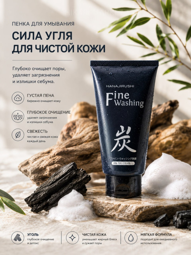 FINE WASHING/Очищающая пенка для умывания с древесным углём, гиалуроновой кислой, экстрактами водорослей, коллагеном, 120 гр